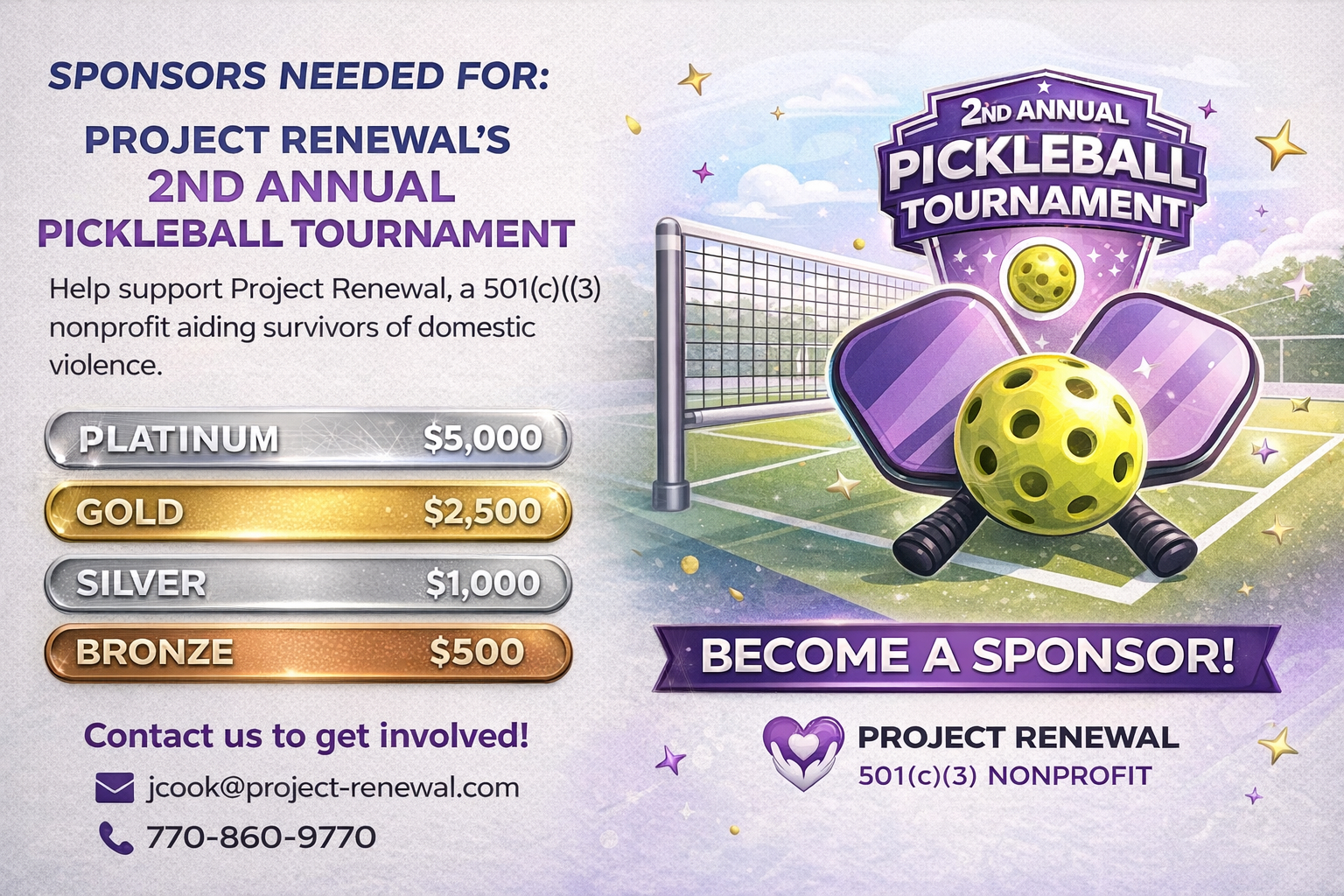 Project Renewal pickleball tournament sponsorship flyer